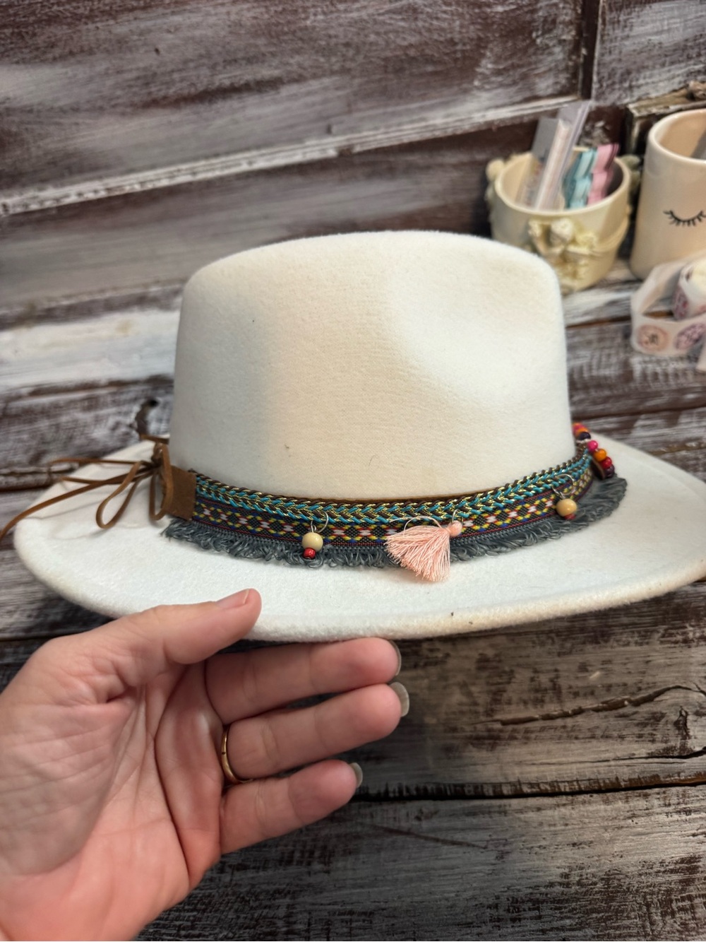 Womens Cream Felt Fedora with Beaded Trim - Picture 2 of 9